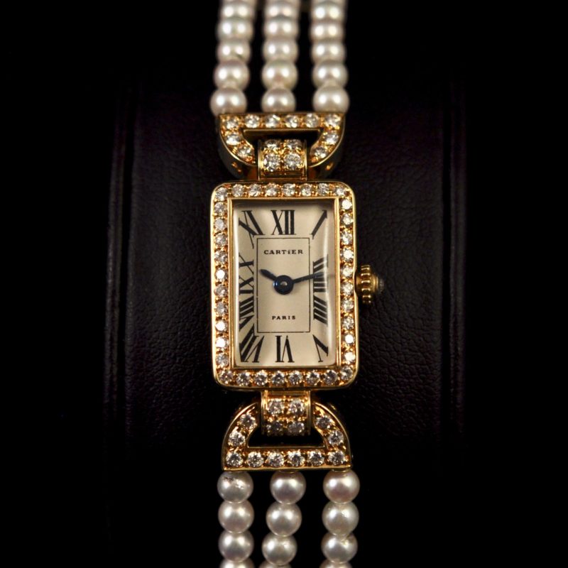 CARTIER LOUVRE DIAMONDS BEZEL AND PEARLS STRAP