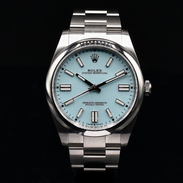 ROLEX OYSTER PERPETUAL 41 BLUE TURQUOISE DIAL REF. 124300 BOX AND PAPERS