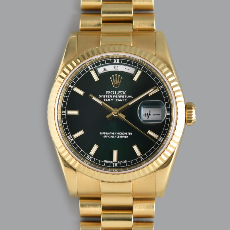 ROLEX DAY-DATE REF. 118238 GREEN DIAL BOX AND PAPERS